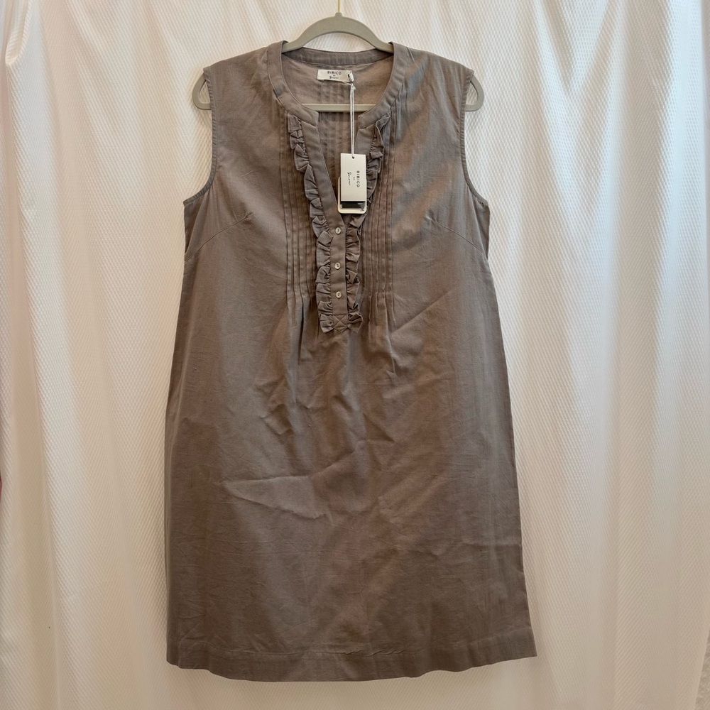 Bibico Sleeveless Gray Ruffle Dress cotton linen NWT uk14 greige sustainable